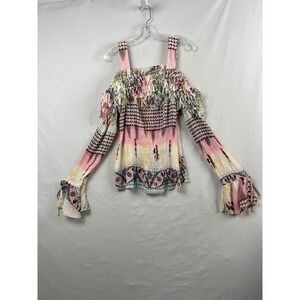 Kaelyn Max II Cold Shoulder Top Women 1X Pink Fringe Pleated Flowy Fairy Whimsy